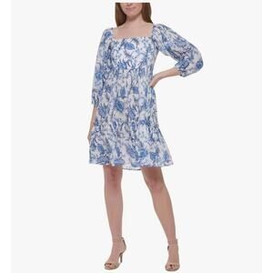 Tommy Hilfiger Cottagecore Coquette Cotton Blue Floral Toile Dress US10